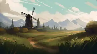 botter17_a_windmill_in_a_field_with_mountains_in_the_back_in_th_38b54b0f-fc57-4801-a62f-534a77c32dbf.png