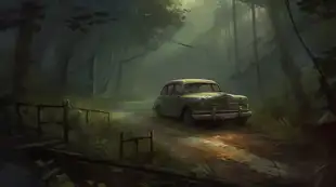botter17_an_old_car_on_the_side_of_a_small_road_next_to_the_woo_8ed93ae7-2789-4104-a43c-e7585abe729f.png