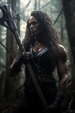 behindthecouch_female_bodybuilder_in_the_woods_holding_an_axe_-_26c86a5f-6467-4f43-b502-6d3b9156d1c4.png